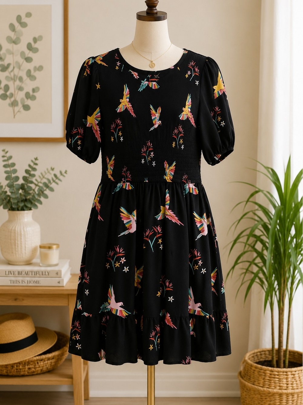 Sugarhill Brighton Hummingbird Floral Black Midi Dress UK 12 US 8 Pockets